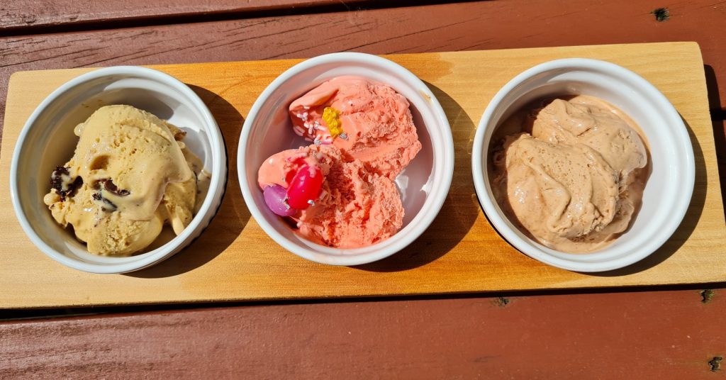 Three scoops of Cheese Barn gelato