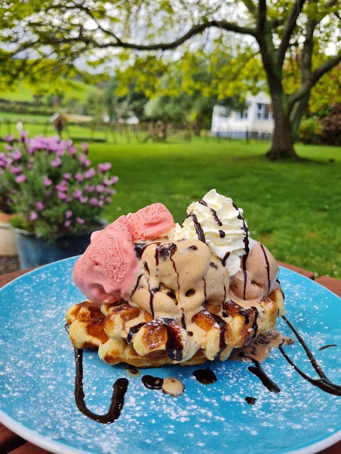 Ice cream on a Belgian waffle