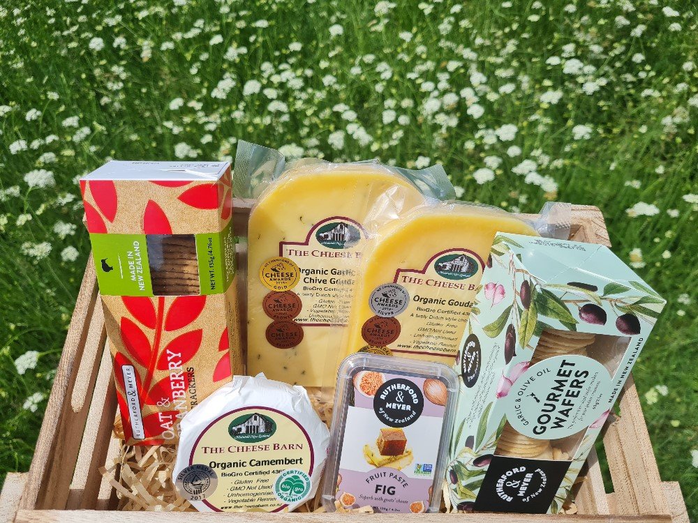 A Cheese Barn hamper packed in its crate