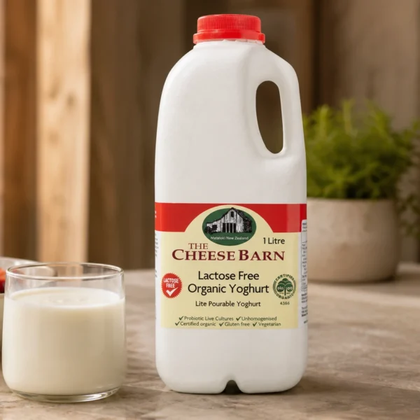 Lactose Free Organic Yoghurt from The Cheese Barn at Matatoki, a 1 litre bottle of lite pourable probiotic yoghurt
