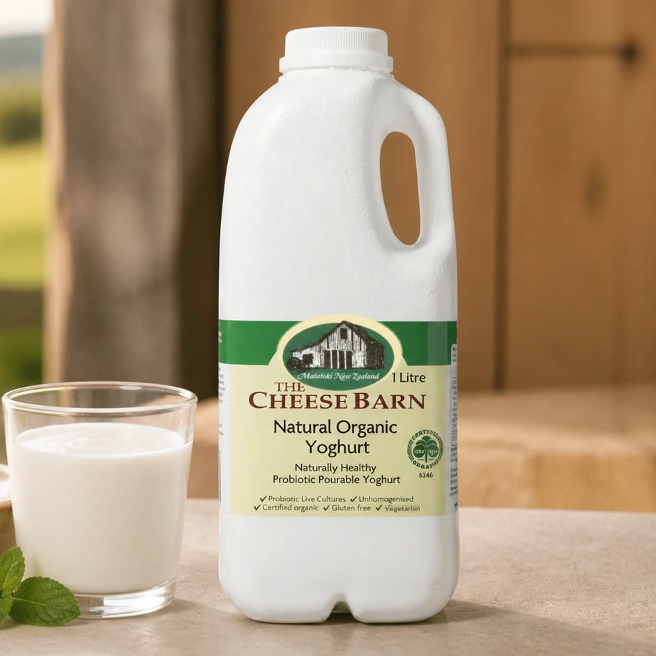 Natural Organic Yoghurt from The Cheese Barn at Matatoki, a 1 litre bottle of naturally healthy probiotic pourable yoghurt