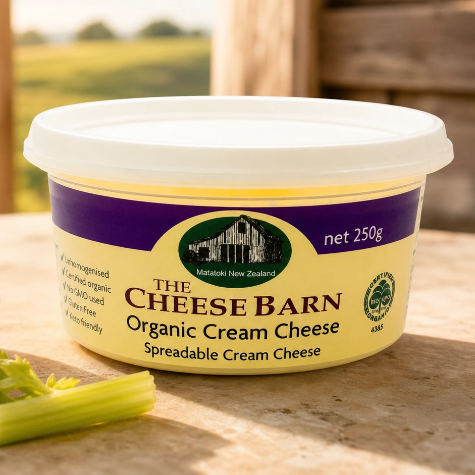 Organic Cream Cheese from The Cheese Barn at Matatoki, a 250g pottle of spreadable certified organic cream cheese