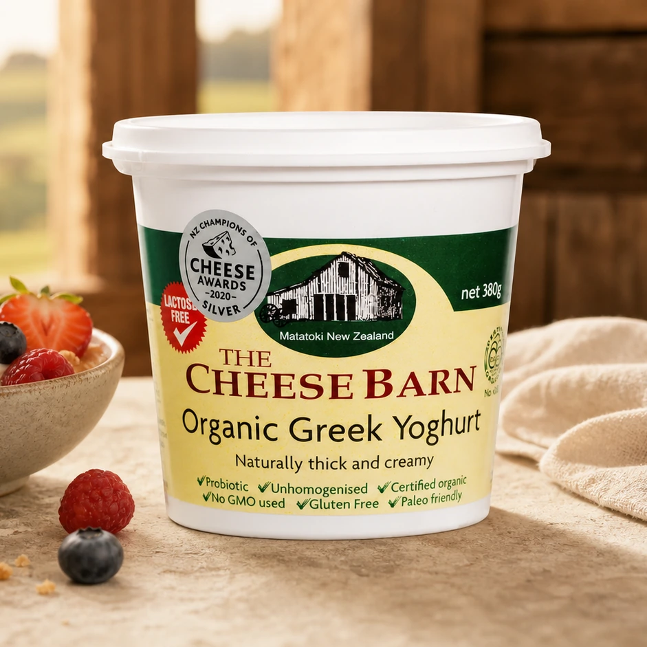 Organic Greek Yoghurt from The Cheese Barn at Matatoki, a 380g pottle of naturally thick and creamy certified organic greek yoghurt
