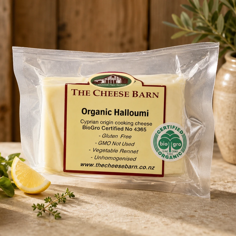 Organic Halloumi from The Cheese Barn at Matatoki, a Cypriot style certified organic cooking cheese served with lemon and thyme