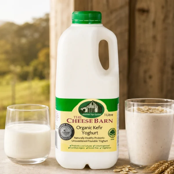 Organic Kefir Yoghurt from The Cheese Barn at Matatoki, a 1 litre bottle of unsweetened pourable probiotic kefir yoghurt