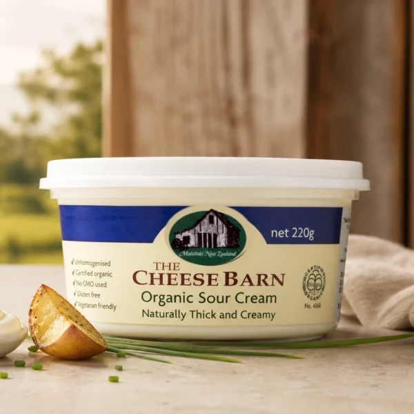 Organic Sour Cream from The Cheese Barn at Matatoki, a 220g pottle of naturally thick and creamy certified organic sour cream
