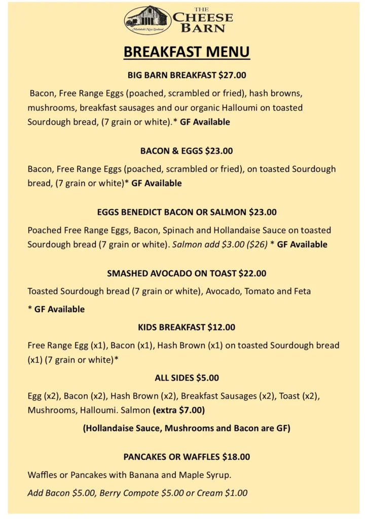 The Cheese Barn breakfast menu
