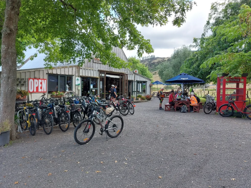 Cyclists outside the front of the Cheese Barn café