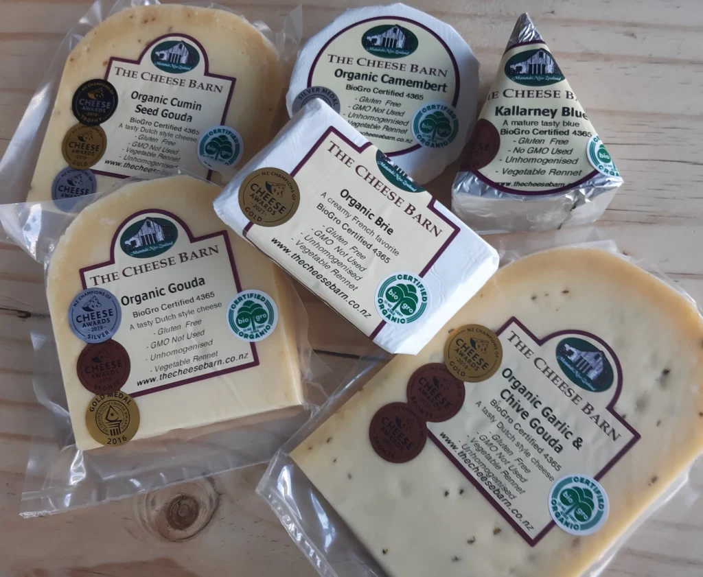 Cheese Barn organic gouda, camembert, brie and blue with BioGro certified labels