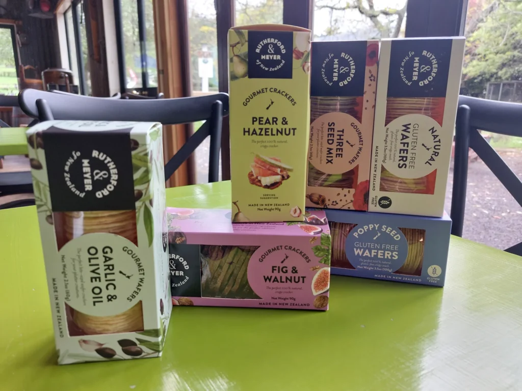 Rutherford and Meyer gourmet crackers in the Cheese Barn shop